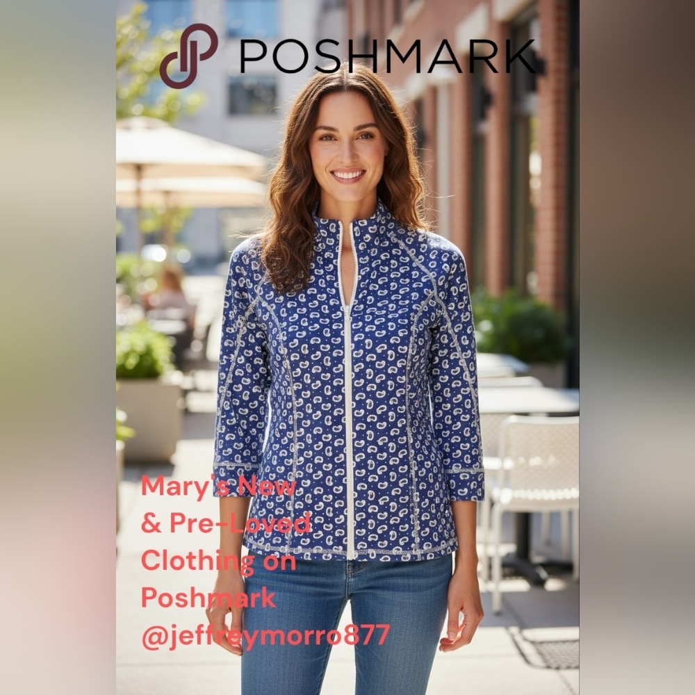 Weekends By Chico's -NWT Blue Paisley Zip Up Jacket W/3/4 Sleeves Pockets,Size 0